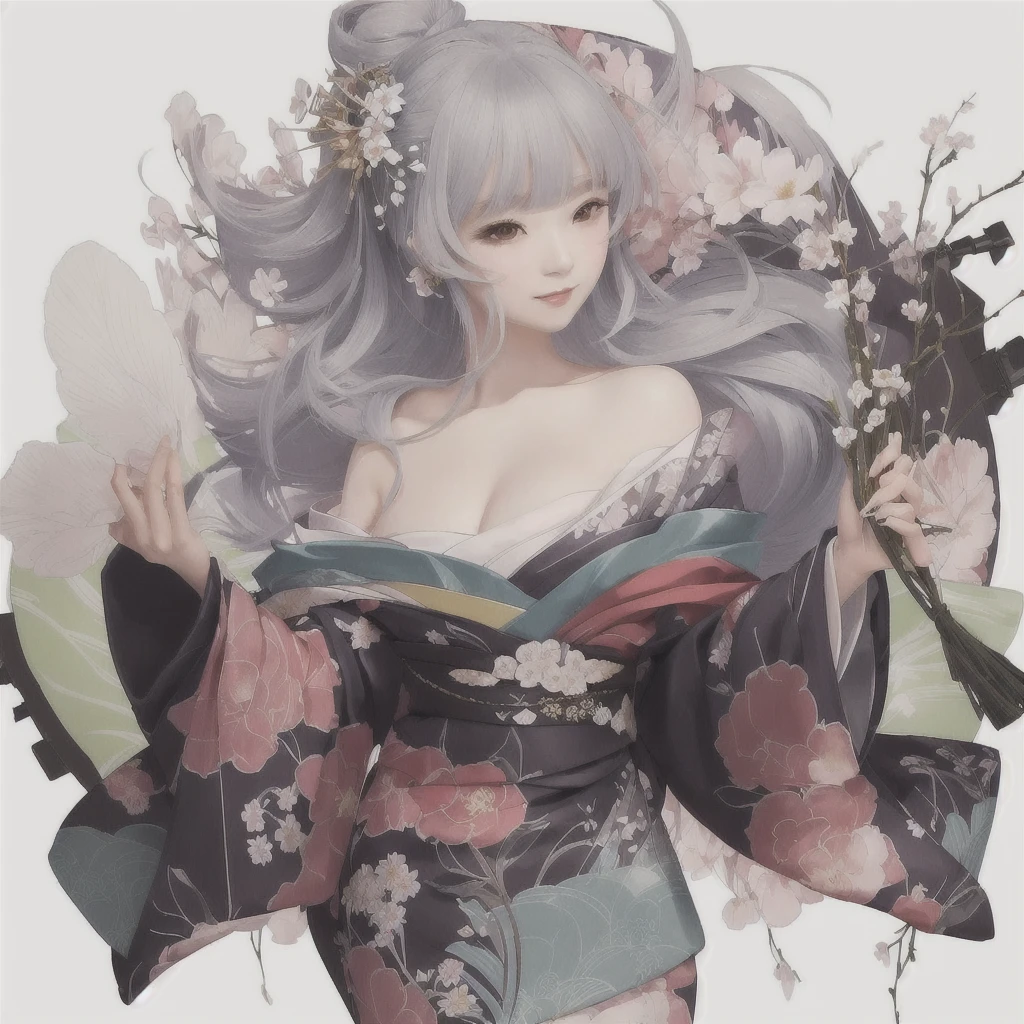 anime - style illustration of a woman In kimono outfit with a bunch of flowers, In kimono, Gwaiz, Pixiv, Gwaiz on Pixiv artstation, In kimono, Enchanting anime girl, top rated on Pixiv, Beautiful anime art, digital art on Pixiv, Gwaiz on artstation Pixiv, shikishi