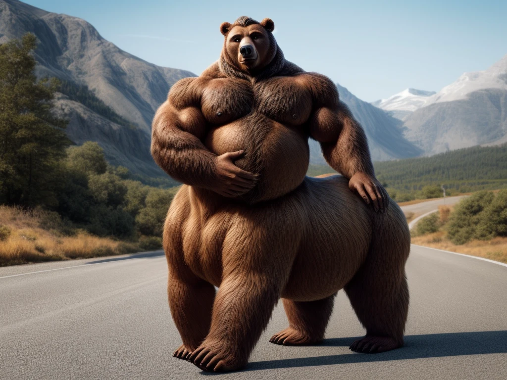 furry, fur taur, beartaur, middle-age, solo, detailed face, bear ears, bear eyes(brown), bear nose(black), bear mouth, garibaldi beard(white), mature hair(white), detailed arms, thick arms, muscular, thick hands(5 fingers), detailed body belly, thick body, muscle belly(brown), thick chest, chest hair(black), detailed taur body, thick taur body, thick bear paws, thick bear tail, full body shot, summer, standing on the road