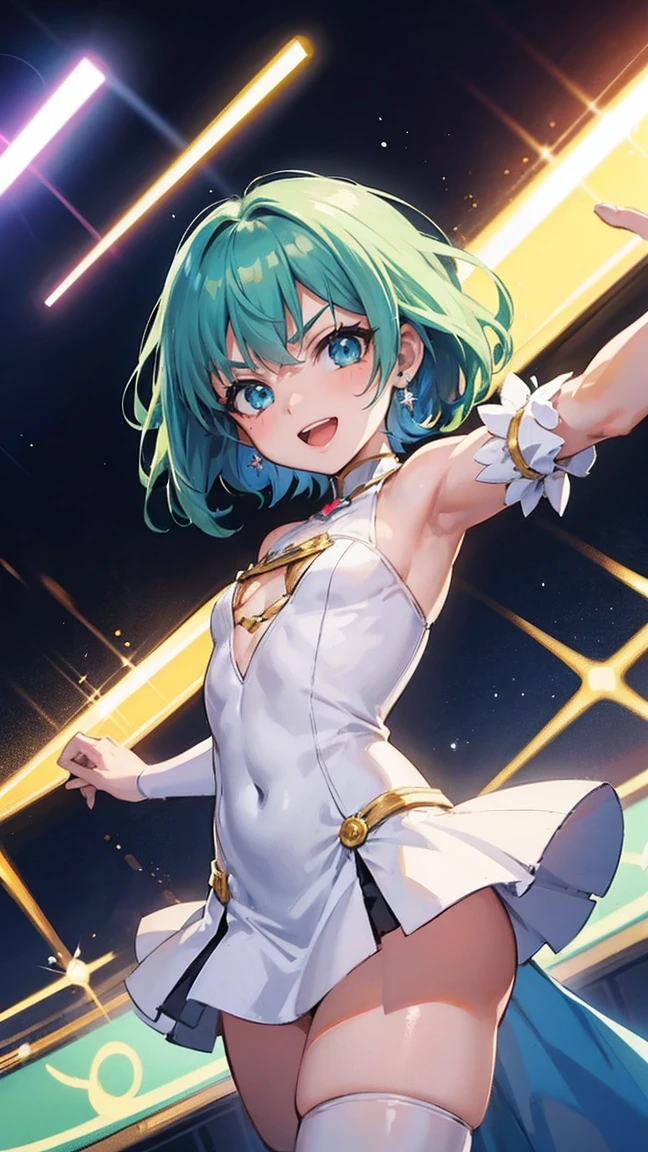 One girl, hair between eyebrows, anime woman with blue-green hair, arena, live music, singing, holding microphone, jumping, live costume, break anime style, anime style, young anime woman, smiling, semi short hair, digital anime illustration, bangs, crystal hair, shining hair, break white dress, Snowflake earrings, serious, shining, reflective light, ((flat chest)), ((flat chest))