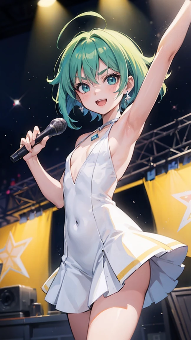 One girl, hair between eyebrows, anime woman with blue-green hair, arena, live music, singing, holding microphone, jumping, live costume, break anime style, anime style, young anime woman, smiling, semi short hair, digital anime illustration, bangs, crystal hair, shining hair, break white dress, Snowflake earrings, serious, shining, reflective light, ((flat chest)), ((flat chest))