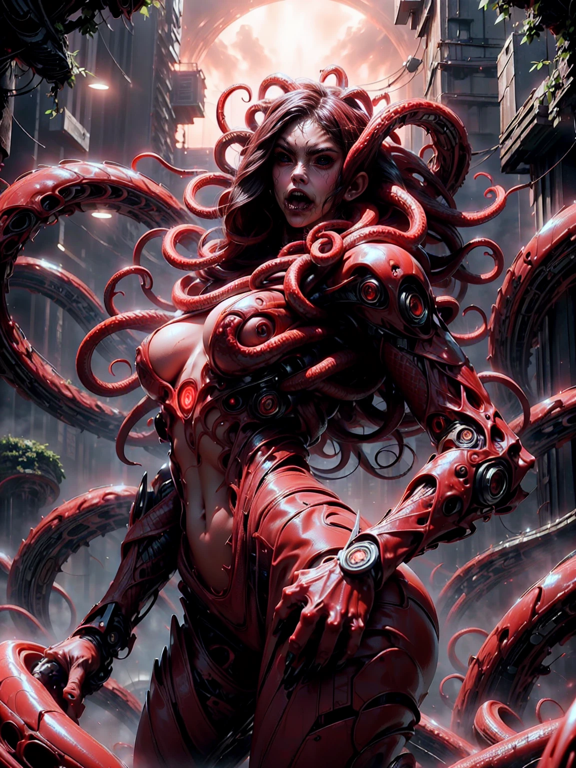 (beautiful girl:1.25), (megan fox:1.25), (young bodybuilder girl wearing cybernetic muscle suit:1.25), (medusa head with tentacles:1.25), carnage muscular physique, seductive face, mouth wide open carnage style, long red hair, perfect muscular body, super skinny legs, sissy, femboy, (carnage style physique)