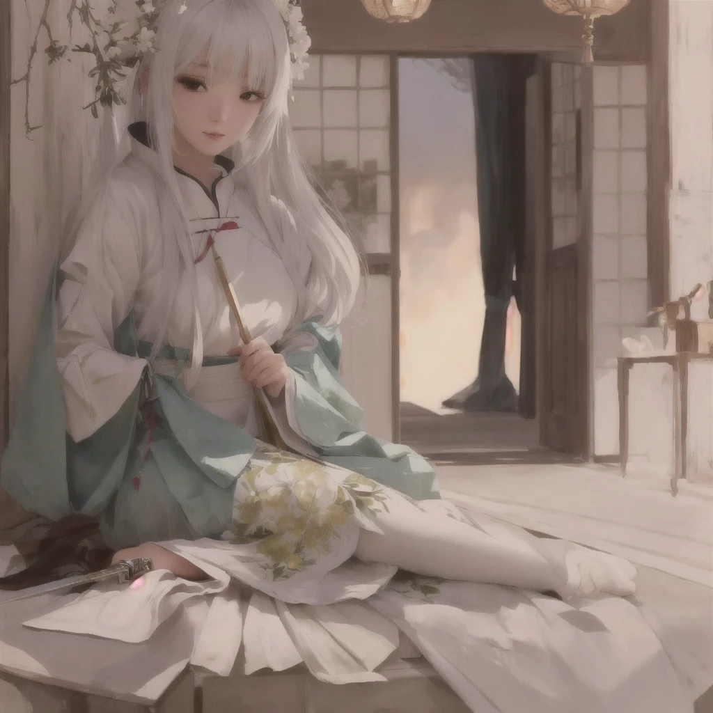 Anime girl sitting on the floor with a knife in her hand, Gwaiz on pixiv artstation, Gwaiz on artstation pixiv, White-haired God, Gwaiz, Digital art on pixiv, palace , Girl in Hanfu, artwork in the style of Gwaiz, artstation pixivでトレンド, pixiv Contest Winner