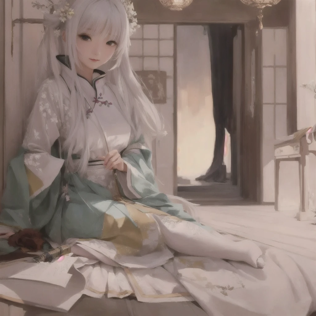 Anime girl sitting on the floor with a knife in her hand, Gwaiz on pixiv artstation, Gwaiz on artstation pixiv, White-haired God, Gwaiz, Digital art on pixiv, palace ， Girl in Hanfu, artwork in the style of Gwaiz, artstation pixivでトレンド, pixiv Contest Winner