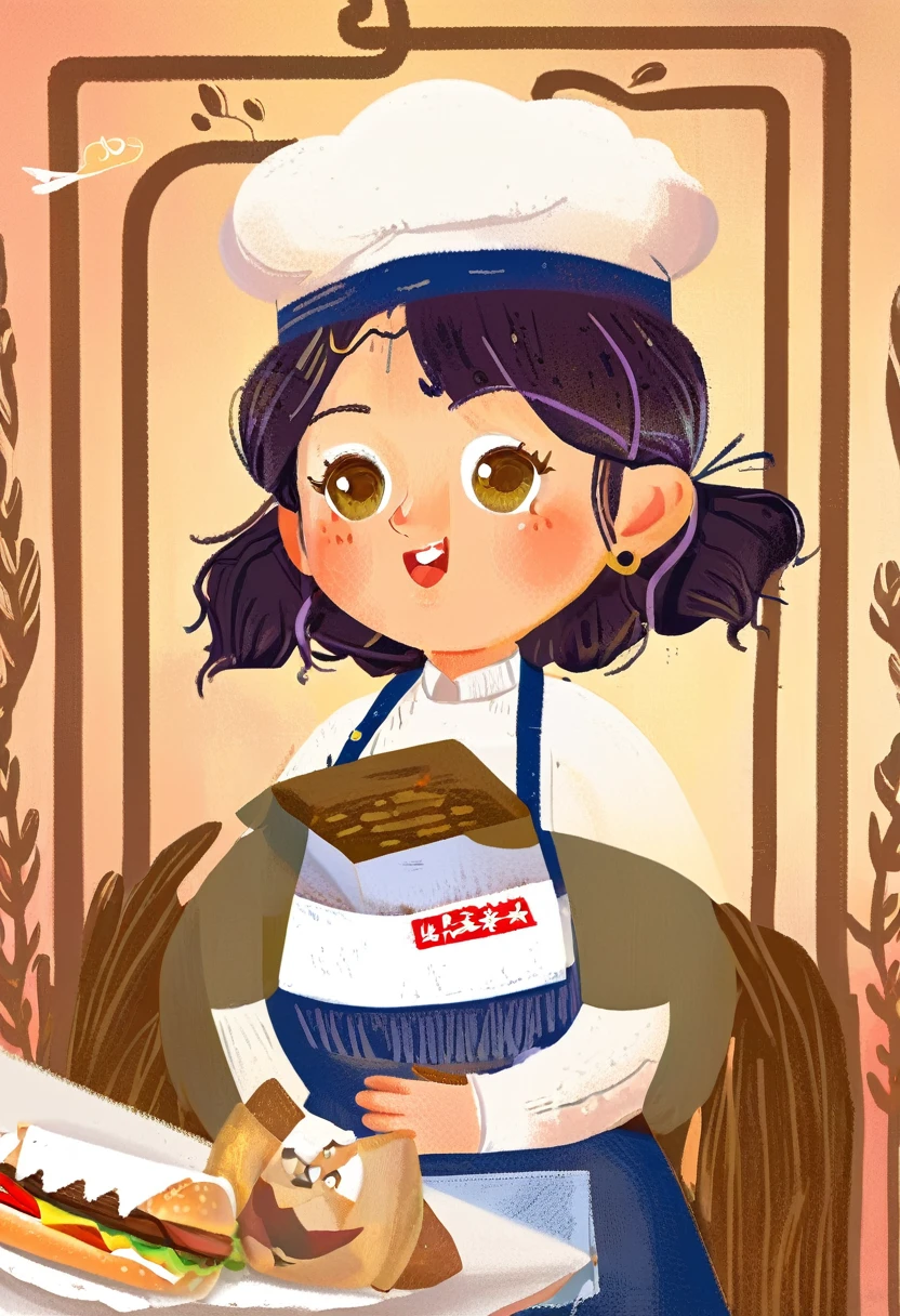 Fast food restaurants、young female clerk、Beautiful and detailed eyes、Beautiful and detailed lips、Extremely detailed eyes and face、Long eyelashes、Waitress Uniform、Clean apron、A friendly expression、greg rutkowski、Children's Illustration Style
