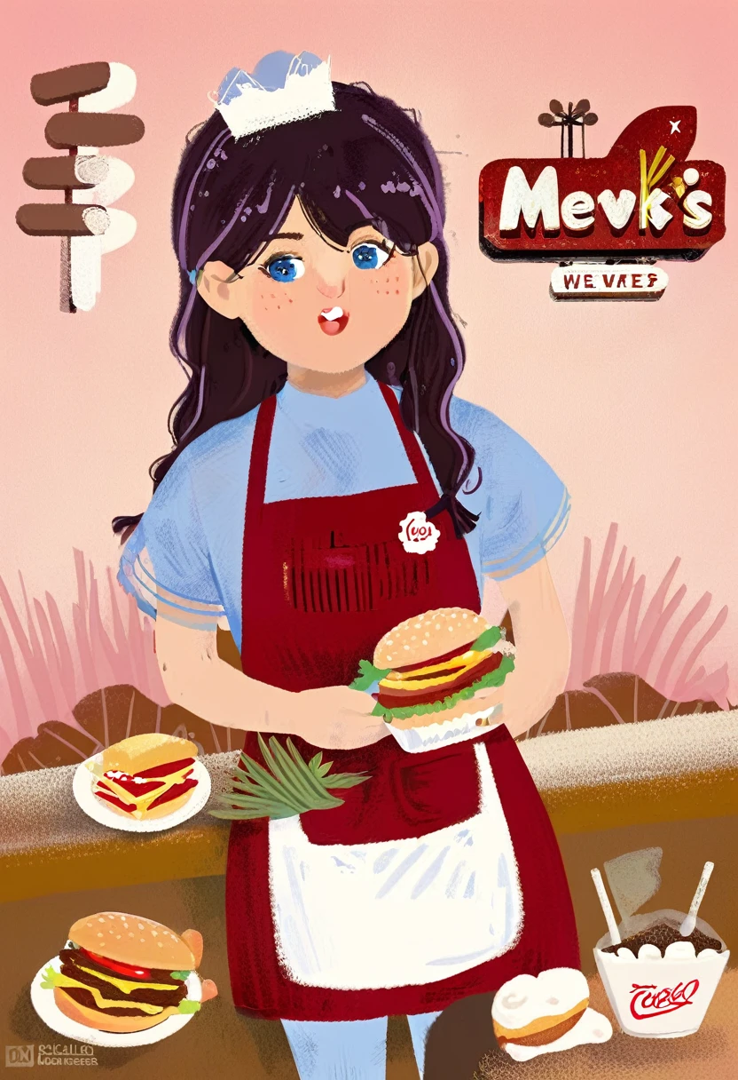 Fast food restaurants、young female clerk、Beautiful and detailed eyes、Beautiful and detailed lips、Extremely detailed eyes and face、Long eyelashes、Waitress Uniform、Clean apron、A friendly expression、greg rutkowski、Children's Illustration Style