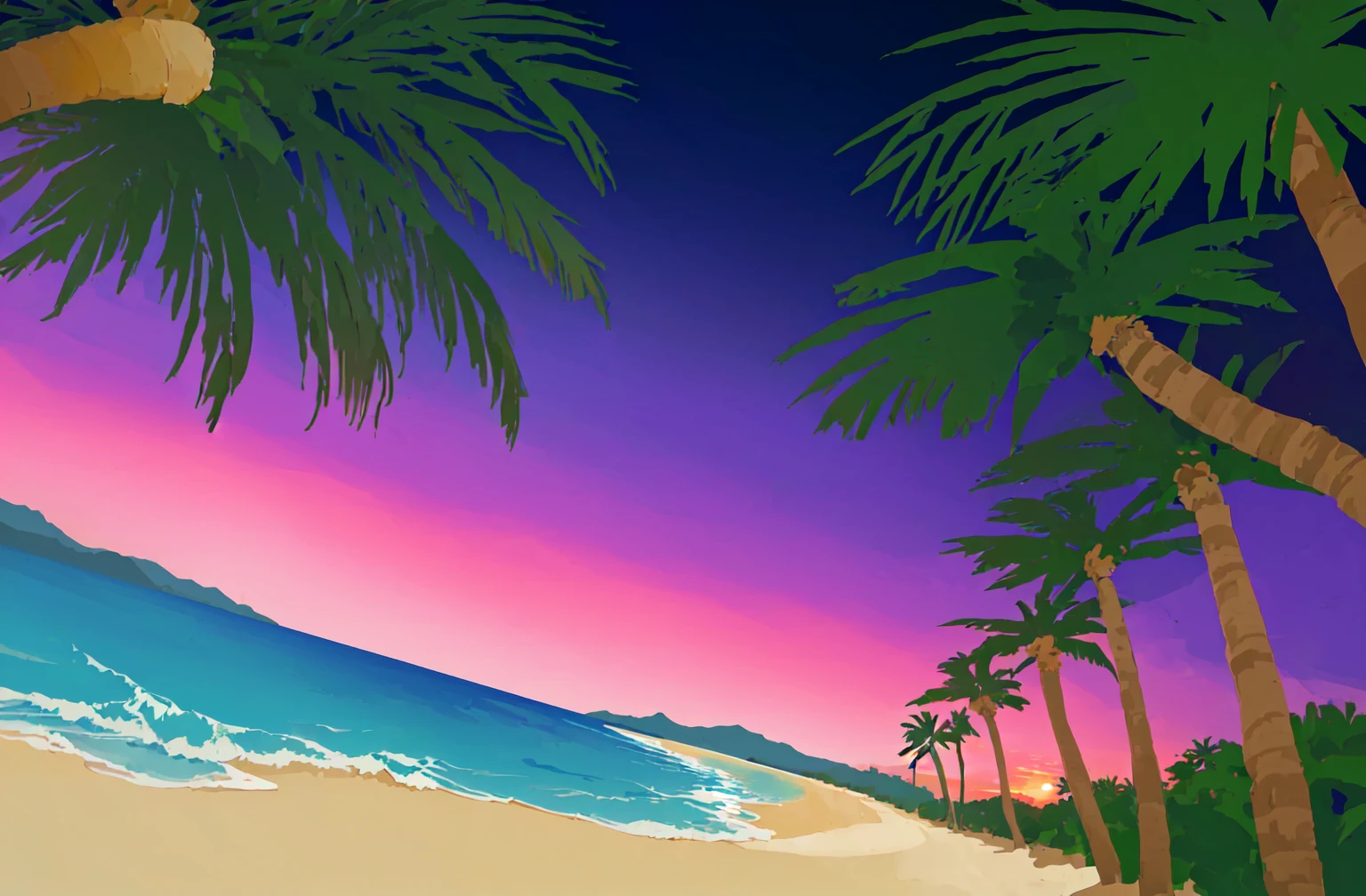 Palm trees and beach、Tropical Beach, an abstract tropical landscape, Tropical atmosphere, Beach Sunset, Background artwork, Sunset background