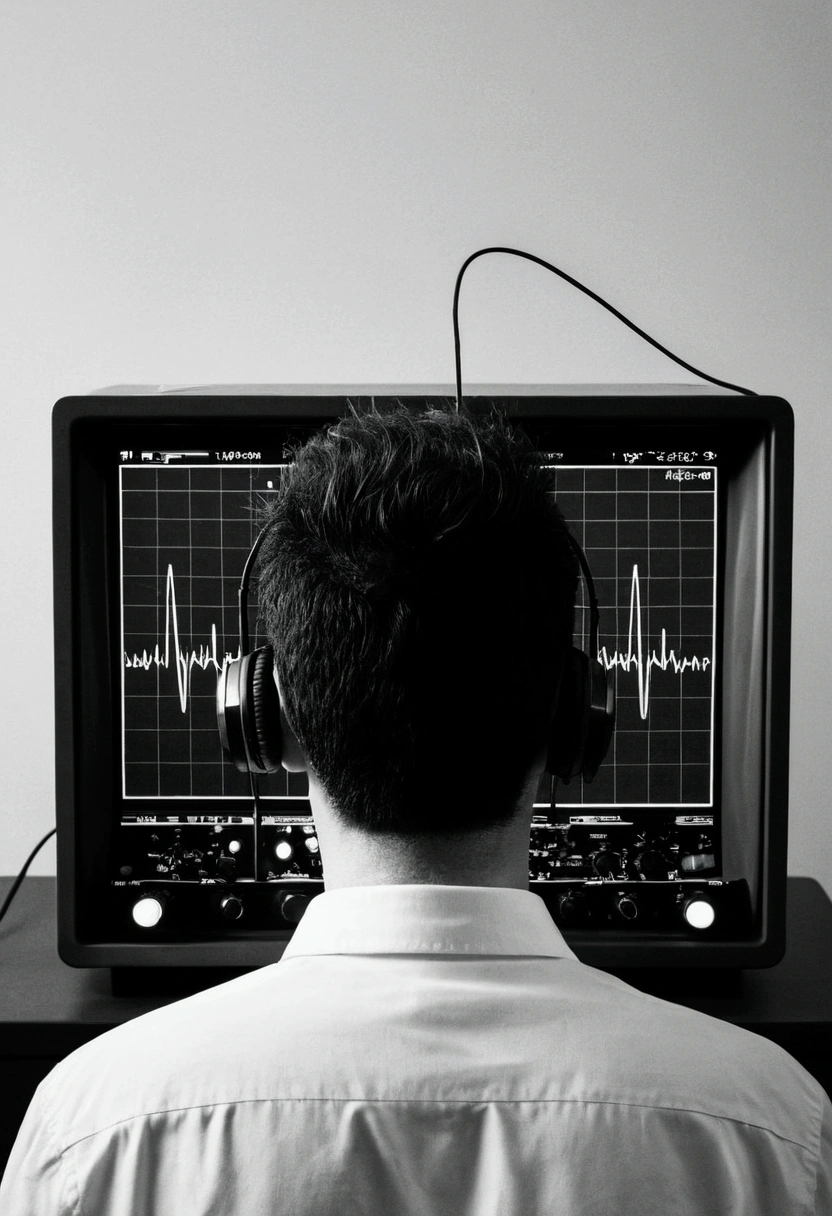 one person&#39;The head becomes a complex oscilloscope，Black and white photo album cover，Minimalist fuzzy style