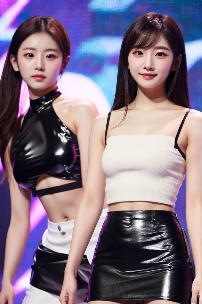 best quality,masterpiece,Taiwanese beauty,23 years old,Pure,Exquisite Korean makeup,Beautiful hairstyle,Small waist,Clear face,Korean girl group members,Exquisite face shape,Year-end luxury stage,Black shiny stylish midriff-baring spaghetti strap top,Black shiny fashionable skirt,full-body shot