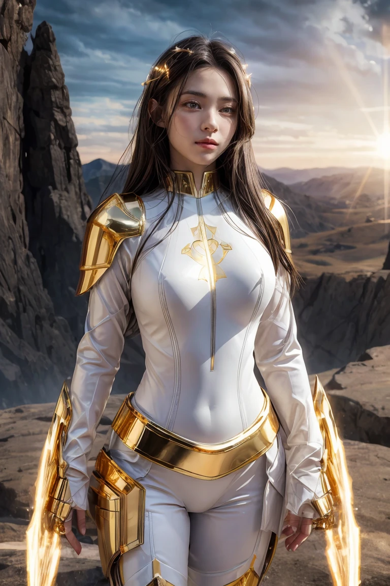 ((masterpiece, best quality, extremely detailed), volumetric lighting, ambient occlusion, colorful, glowing), 1girl, solo, young girl, (dark hair), long hair, halo, aura, sacred, goddess, cleric suit, (white outfit with gold detailst:1.3), armor, outdoors, sunset, sky, clouds, space, (fantasy theme:1.2), full armor