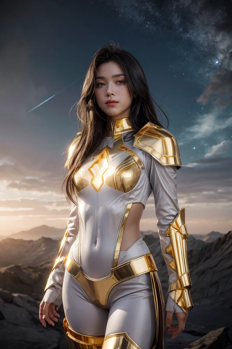 ((masterpiece, best quality, extremely detailed), volumetric lighting, ambient occlusion, colorful, glowing), 1girl, solo, young girl, (dark hair), long hair, halo, aura, sacred, goddess, cleric suit, (white outfit with gold detailst:1.3), armor, outdoors, sunset, sky, clouds, space, (fantasy theme:1.2), full armor