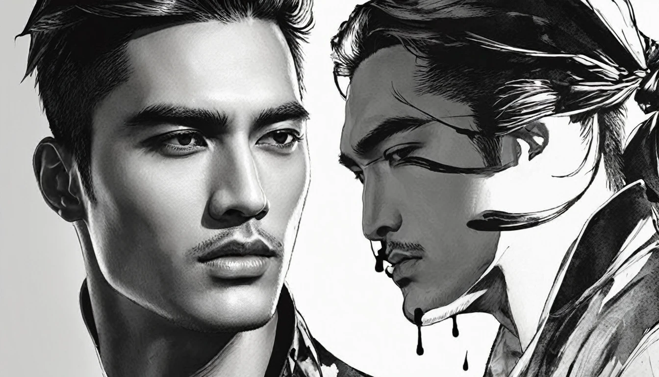 ink，Exaggerated expressions，handsome male character，ink，stain，Line outline，ink stain，คราบink