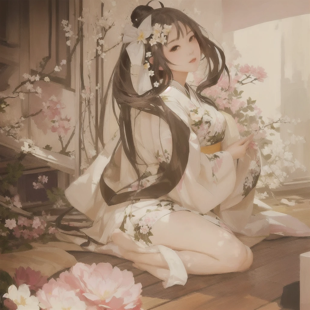 Anime girl in kimono costume sitting on floor with flowers, Zerochan Art, digital art on Pixiv, guweiz on Pixiv artstation, Pixiv contest winner, Pixiv, Painted in an anime artist's studio, guweiz on artstation Pixiv, at Pixiv, By Ren, Pixiv 3dcg, top rated on Pixiv