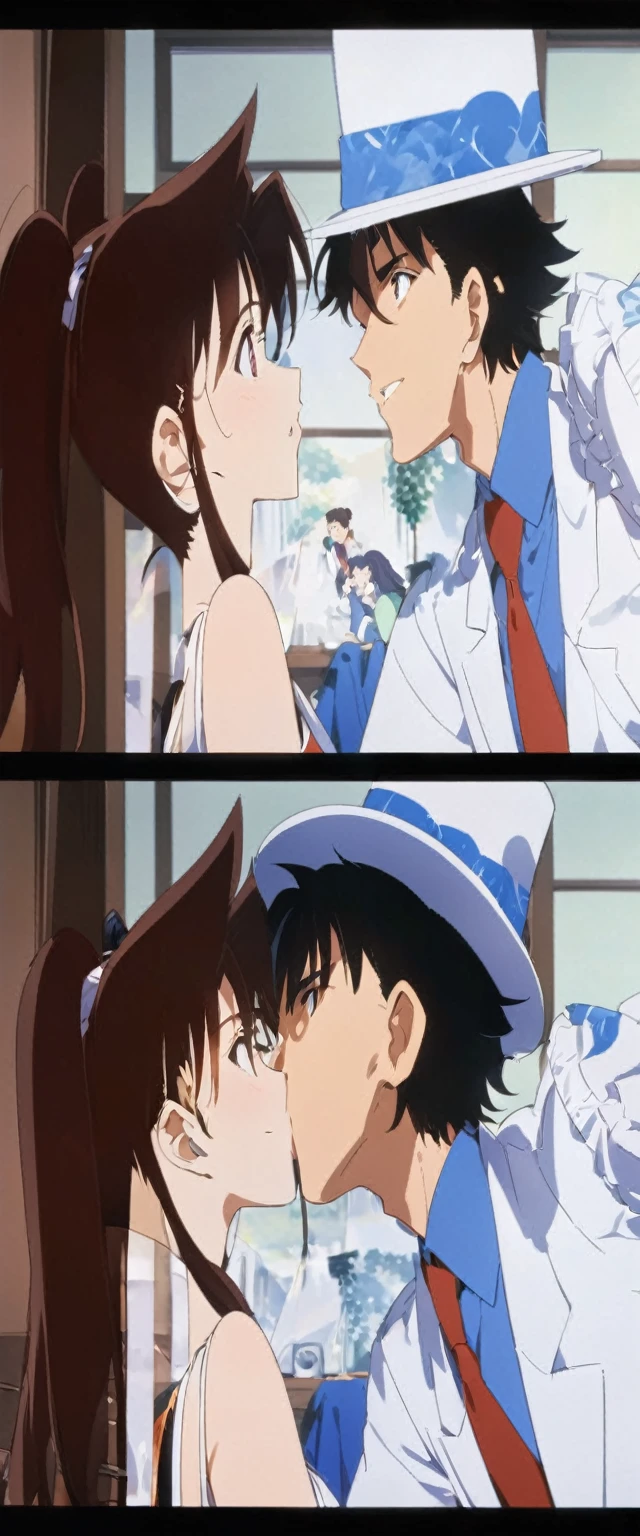 A couple of anime characters are kissing in a room, Kiss cutely, Gainax anime style, Shinji, Gainax, Animated masterpiece, Shinji ikari, 1990s Anime, yukio - e, 1 9 90s Anime, Cel-shaded anime, 90s Anime, 90s Anime