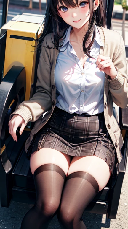 Very cute and beautiful girl riding an amusement park ride,(Very detailed美しい顔),White blouse,
smile,Happy,(Beige cardigan) Break zettai ryouiki,(Plaid brown mini skirt:1.15),
hair ornaments,Black Hair,(Black shoulder bag),Black boots,Azalea flowers blooming on a shrub,
(Highest quality,masterpiece:1.0),Absurd,High resolution,Very detailedな,Very detailed,32k,8K resolution,
Intricate details,Movie Scenes,Detailed Background,alone,Dynamic Angle,