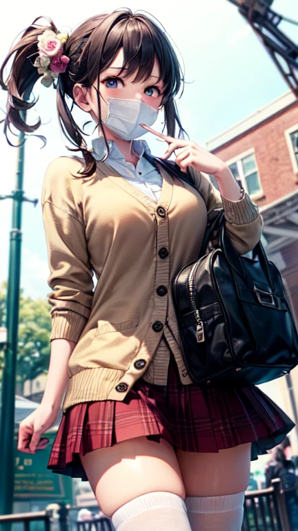 Very cute and beautiful girl riding an amusement park ride,(Very detailed美しい顔),White blouse,
smile,Happy,(Beige cardigan) Break zettai ryouiki,(Plaid brown mini skirt:1.15),
hair ornaments,Black Hair,(Black shoulder bag),Black boots,Azalea flowers blooming on a shrub,
(Highest quality,masterpiece:1.0),Absurd,High resolution,Very detailedな,Very detailed,32k,8K resolution,
Intricate details,Movie Scenes,Detailed Background,alone,Dynamic Angle,