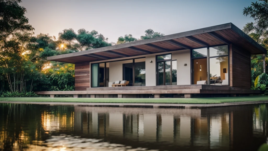 Modern small house located in the lotus pond in Vietnam, minimalist, gray and wooden concrete walls, facing the lotus pond, many lotus flowers are blooming, around the house is water with lotus flowers blooming, no trees, corona rendering, 3ds max, wide view, sunny sky, afternoon environment, sunny cinema, natural light, RAW photo, 8k uhd, dslr, soft lighting, high quality, film grain, Fujifilm XT3