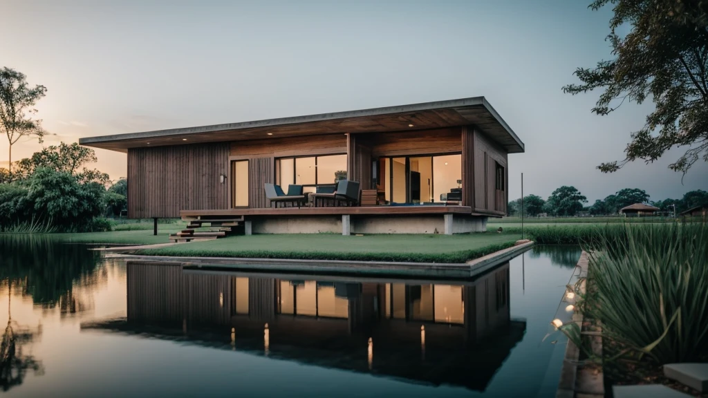 Modern small house located in the lotus pond in Vietnam, minimalist, gray and wooden concrete walls, facing the lotus pond, many lotus flowers are blooming, around the house is water with lotus flowers blooming, no trees, corona rendering, 3ds max, wide view, sunny sky,  afternoon environment, sunny cinema, natural light, RAW photo, 8k uhd, dslr, soft lighting, high quality, film grain, Fujifilm XT3