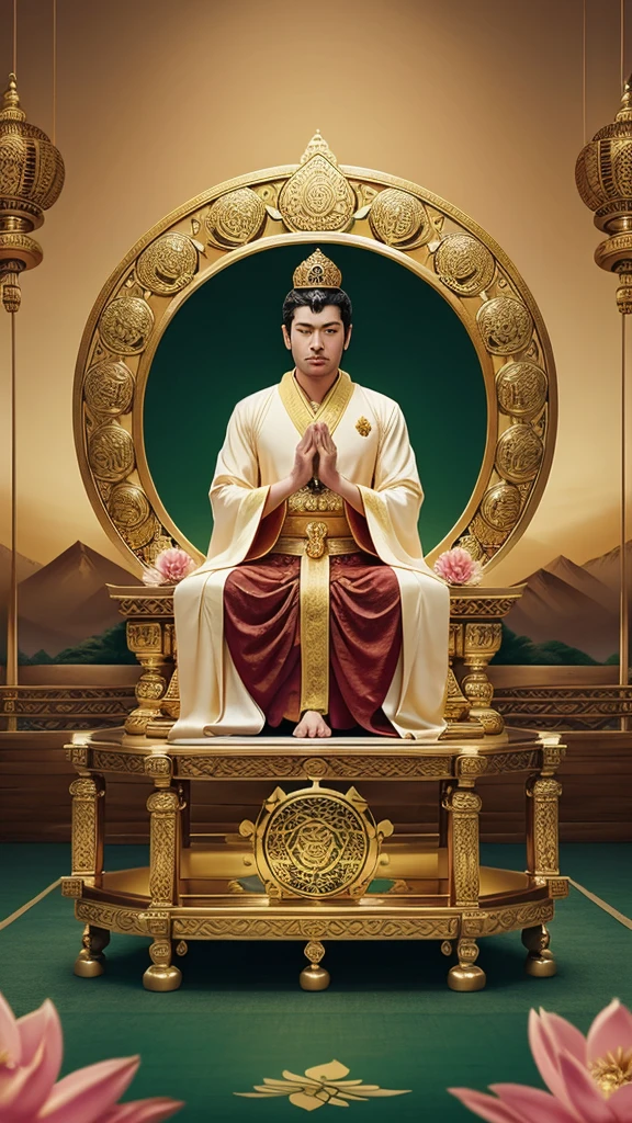 Depict a serene and regal king in elegant robes with a crown featuring Buddhist symbols such as the Dharma wheel and lotus flower. The background should include temples and tranquil landscapes.