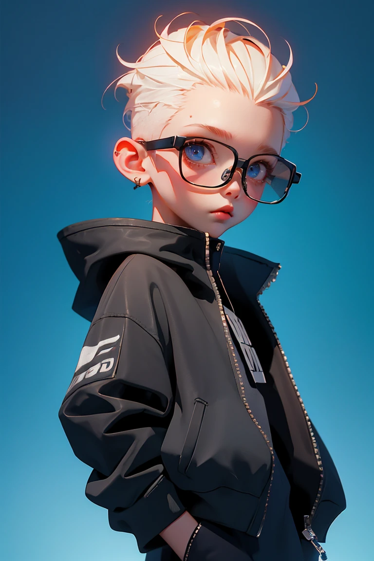 Blind Box,Simple Background,Extraordinary wide portrait of microscopic unknown little small クール cyberpunk alien species over orange tech style of high tech fashion professional photography, 8K, White Blonde Hair，Shaved head,Boy with futuristic glasses，Black jacket，Crouching