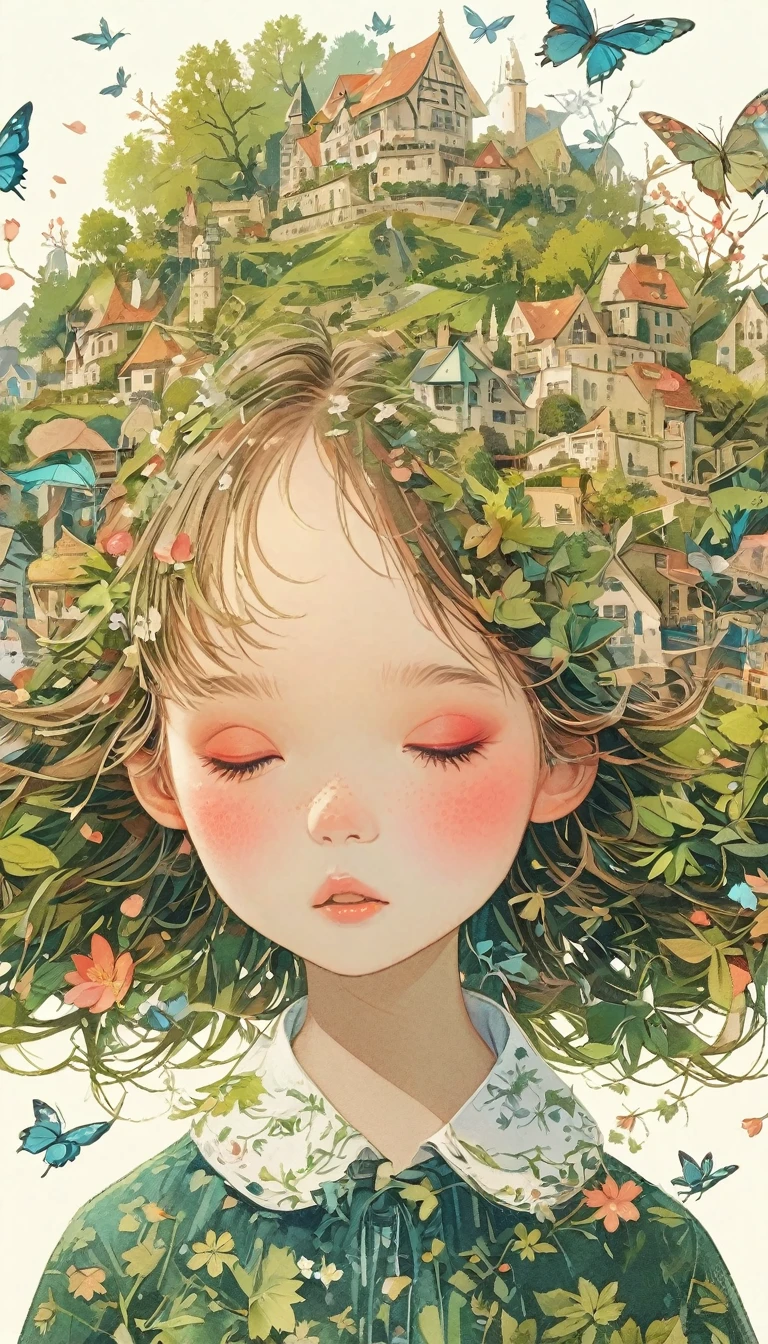Leaf hair girl、Photographed from the front、Upper Body、Masterpiece、Highest quality、Look Up、Cherry blossom petals、Lots of butterflies々Fluttering、Castles and castle towns