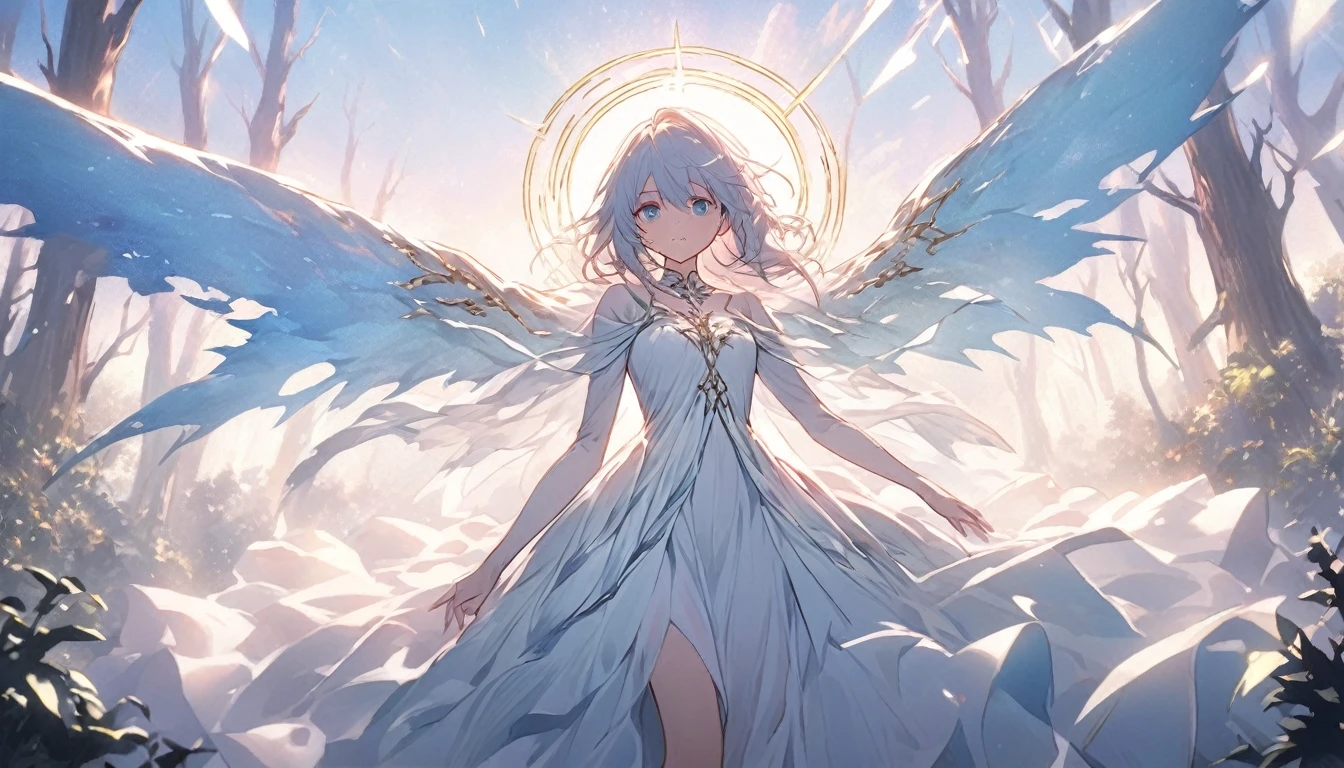 An anime girl standing alone in a dimly lit forest at dawn, with the first light of morning filtering through the trees. She has a determined expression on her face, symbolizing her resolve to break free from the deceit and lies. The forest is shrouded in mist, with shadows receding as the light breaks through, symbolizing the unveiling of truth. Around her, the remnants of a fantasy world are fading away, represented by ethereal, fading illusions. The background features tall trees and a narrow path leading forward, symbolizing her journey towards new beginnings. The atmosphere is filled with a sense of liberation and empowerment, with soft, natural lighting enhancing her resolve and the emotional transition from darkness to hope.