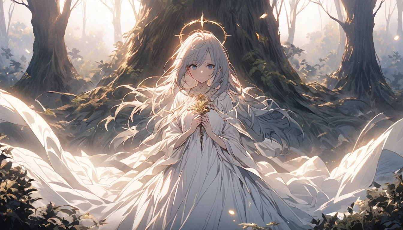 An anime girl standing alone in a dimly lit forest at dawn, with the first light of morning filtering through the trees. She has a determined expression on her face, symbolizing her resolve to break free from the deceit and lies. The forest is shrouded in mist, with shadows receding as the light breaks through, symbolizing the unveiling of truth. Around her, the remnants of a fantasy world are fading away, represented by ethereal, fading illusions. The background features tall trees and a narrow path leading forward, symbolizing her journey towards new beginnings. The atmosphere is filled with a sense of liberation and empowerment, with soft, natural lighting enhancing her resolve and the emotional transition from darkness to hope.
