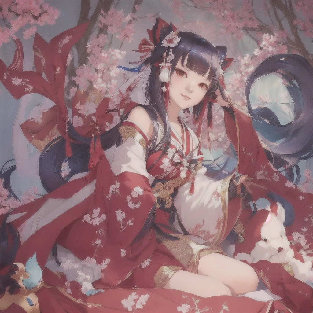 anime girl sitting on a bed with a bunch of stuffed animals, The Detailed Art of the Onmyoji, onmyoji, Anime fantasy illustration, Anime fantasy artwork, Beautiful anime artwork, Zerochan Art, Artistic rendering of Reimu Hakurei, Pixiv contest winner, Pixiv, Beautiful artwork illustration, Beautiful fantasy anime, digital art on Pixiv, Beautiful anime art