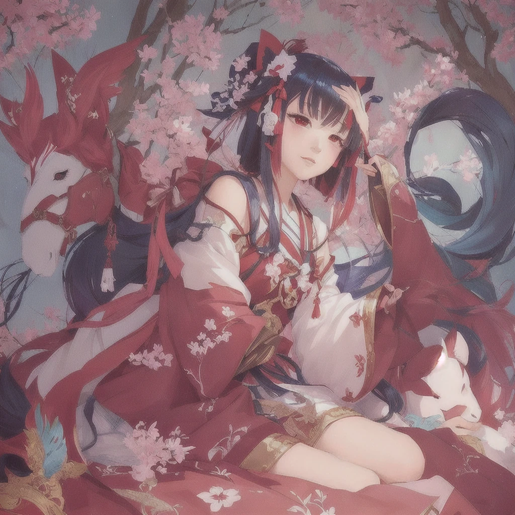 anime girl sitting on a bed with a bunch of stuffed animals, The Detailed Art of the Onmyoji, onmyoji, Anime fantasy illustration, Anime fantasy artwork, Beautiful anime artwork, Zerochan Art, Artistic rendering of Reimu Hakurei, Pixiv contest winner, Pixiv, Beautiful artwork illustration, Beautiful fantasy anime, digital art on Pixiv, Beautiful anime art