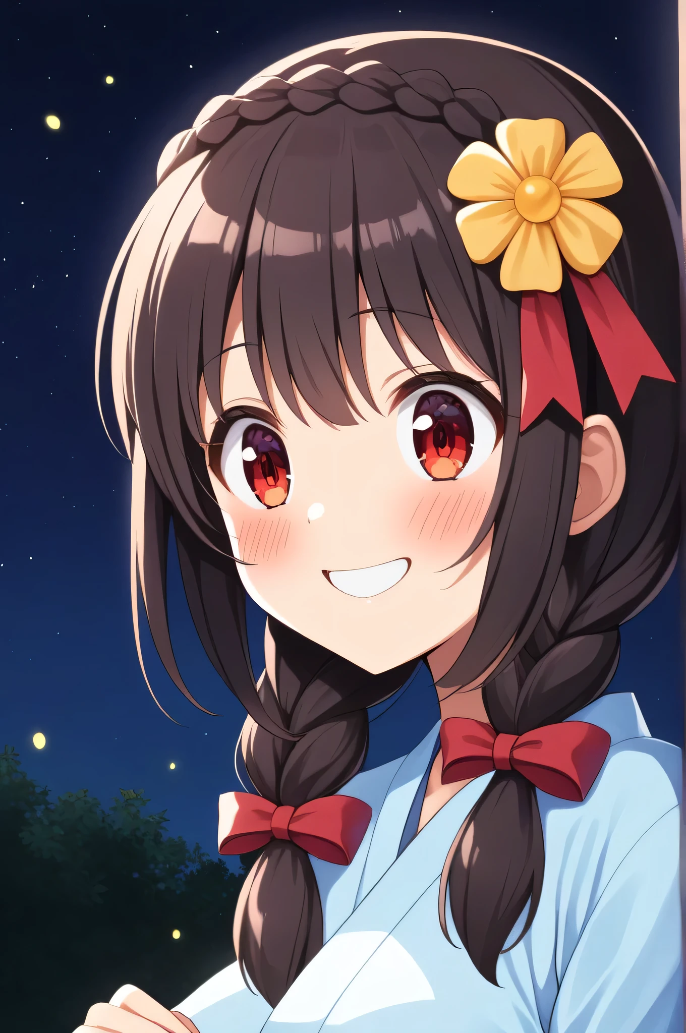 alone, One girl、Crown braids in the same color as your hair, hair ornaments, Hair Ribbon,(A light blue kimono with a red floral pattern and a red obi.)、Red Eyes、Black Hair、(blush:1.4)、(Surprised smile:1.6)、Larger breasts、(I see a lot of fireflies at night:1.2)