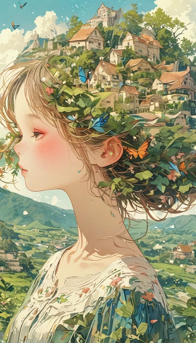 Leaf hair girl、Photographed from the front、Upper Body、Masterpiece、Highest quality、Look Up、Cherry blossom petals、Lots of butterflies々Fluttering、Castles and castle towns、blue sky