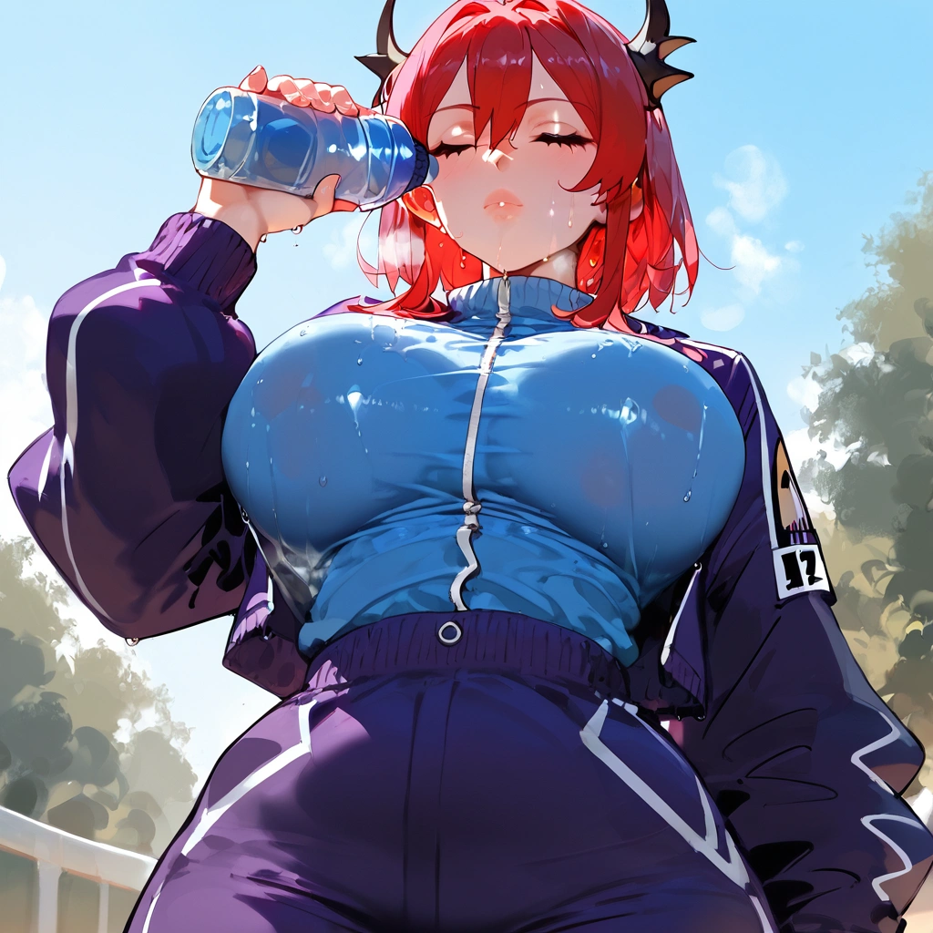 score_9, score_8_up, score_7_up, score_6_up,floox style,surtr, arknights, red hair,big breasts, sagging breasts,, ,   ,, jacket,, lips, ,  purple jacket, purple track suit, shiny, shiny skin, , , sportswear, standing, steam, steaming body, sweat, sweatdrop, track jacket, track pants, track suit,, outdoors, , (drinking:1.2),, , , closed eyes, solo,  water on face, (holding water bottle:1.2) , water splits on face, water on face, below view, , (spilling:1.2), water spilled on face, wet face