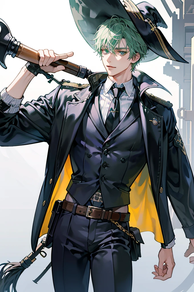 light green hair, short hair, cool, light green eyes, tall, cowboy shot, looking at viewer, masterpiece, facing viewer, right hand, hair between eyes, mature male, leyered sleeves, black jacket, solo, black gloves, fingerless gloves, leather gloves, grey pants, medium pants, black jacket, long jacket, standing, leather boots, hand on hip, fantasy, white background, light smile, pirate costume, pirate hat, white shirt, medium shirt, collared shirt, messy hair, wind, holding rifle, tan, belt pouch, muscular, goggles around neck,