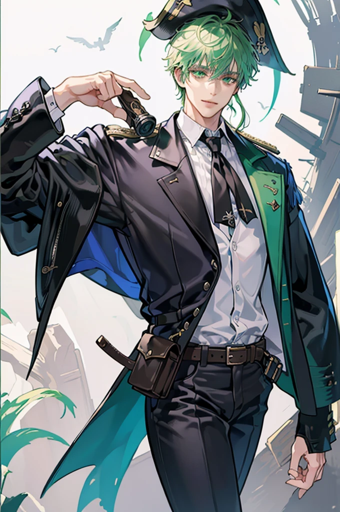 light green hair, short hair, cool, light green eyes, tall, cowboy shot, looking at viewer, masterpiece, facing viewer, right hand, hair between eyes, mature male, leyered sleeves, black jacket, solo, black gloves, fingerless gloves, leather gloves, grey pants, medium pants, black jacket, long jacket, standing, leather boots, hand on hip, fantasy, white background, light smile, pirate costume, pirate hat, white shirt, medium shirt, collared shirt, messy hair, wind, holding rifle, tan, belt pouch, muscular, goggles around neck,