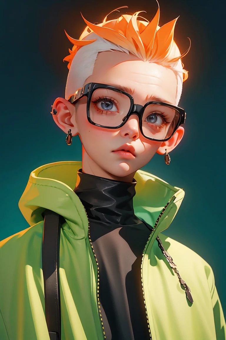 Blind Box,Simple Background,Extraordinary wide portrait of microscopic unknown little small クール cyberpunk alien species over orange tech style of high tech fashion professional photography, 8K, White Blonde Hair，Shaved head,Boy with futuristic glasses，Black jacket，Jumping