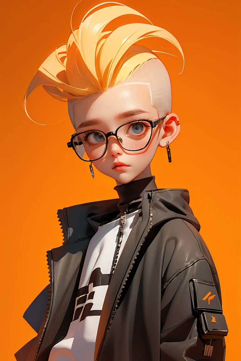 Blind Box,Simple Background,Extraordinary wide portrait of microscopic unknown little small クール cyberpunk alien species over orange tech style of high tech fashion professional photography, 8K, White Blonde Hair，Shaved head,Boy with futuristic glasses，Black jacket，Jumping