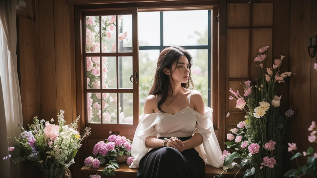 we see a woman through a door window so jaw-droppingly beautiful that she must be isolated in a room complexly filled with flowers, every flower is in a different moody color, she sits, she must be alone or everyone will fall in love, she is in a room of moody flowers