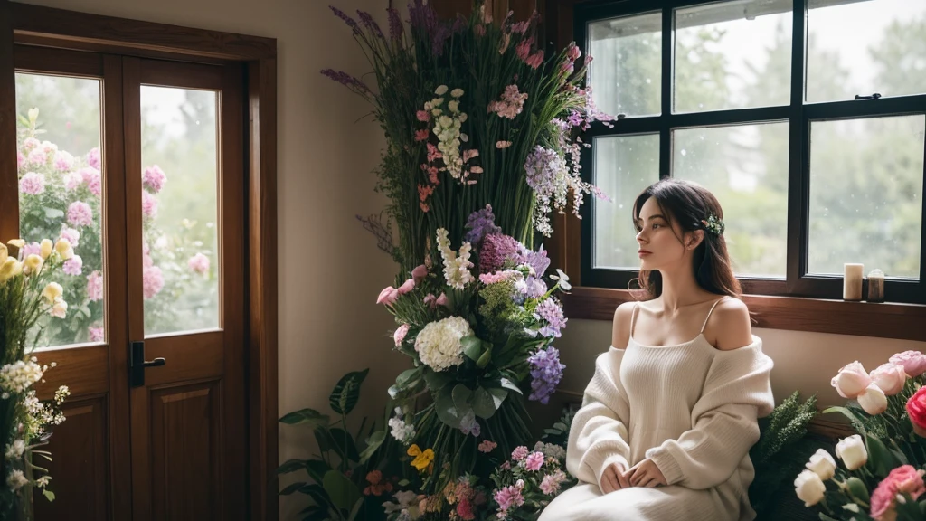 we see a woman through a door window so jaw-droppingly beautiful that she must be isolated in a room complexly filled with flowers, every flower is in a different moody color, she sits, she must be alone or everyone will fall in love, she is in a room of moody flowers