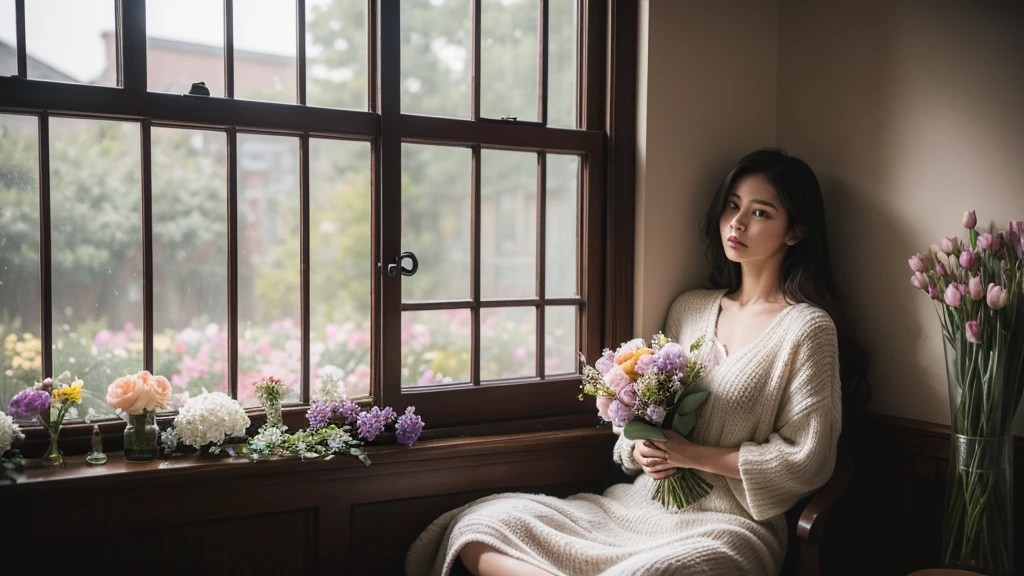 we see a woman through a door window so jaw-droppingly beautiful that she must be isolated in a room complexly filled with flowers, every flower is in a different moody color, she sits, she must be alone or everyone will fall in love, she is in a room of moody flowers