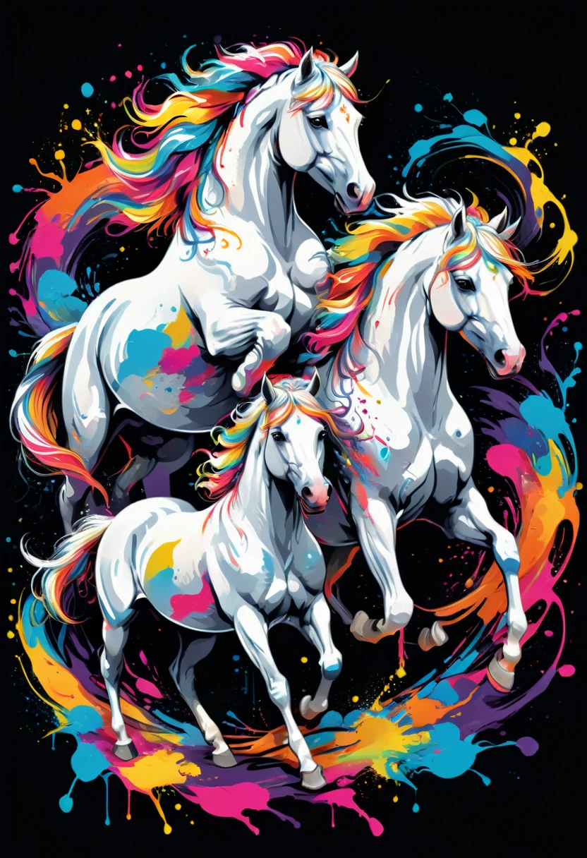 A t-shirt with vector art of a colorful illustration of white horses, At the center, swirly vibrant colors, paint splashes and smears, high détail,black backdrop
(artwork, best quality, proffesional, perfect composition, very aesthetic, absurdrez, super verbose, Intricate details:1.3)