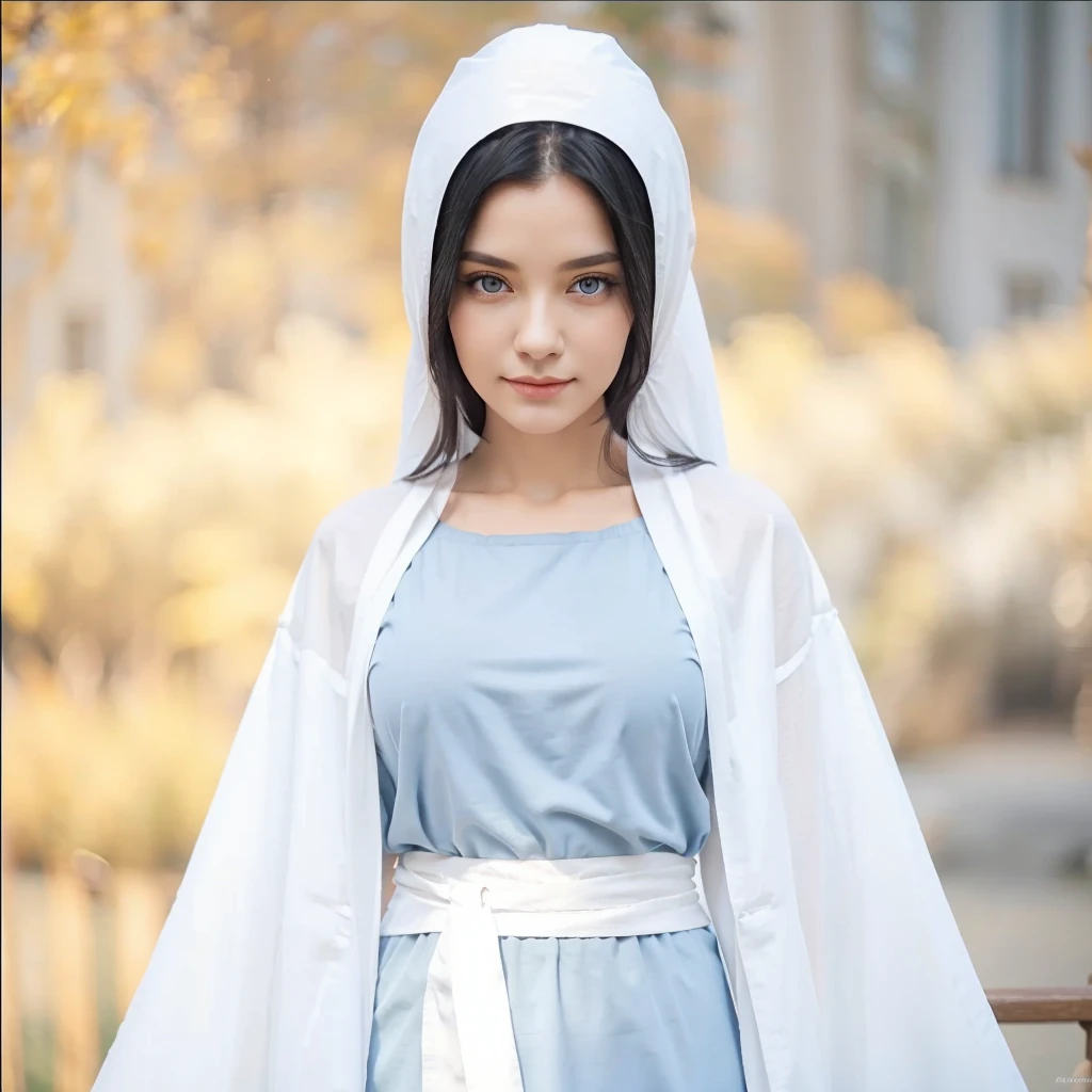 Beautiful woman with light blue eyes, long black hair, serene face with a slight smile, wears a gray tunic with wide, long sleeves adjusted at the waist with a white sash.
