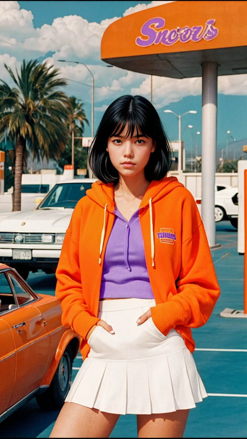  photo cinematic photograph long shot portraits by Wes Anderson, cute 23 yo girl ,fokus, bokeh ,wear ((orange color oversized_hoodie)), wear ((purple tennis skirt)),looking front,Best Quality,Masterpiece,Ultra High Resolution,(Realisticity:1.4),Original Photo, 1Girl, light leak,ultra high resolution,UHD,beautiful, (black bob hair), almond eye, no makeup, in front of ((80's los angles gas station)), (realistic:1.2), (surreal:1.3), (very detailed:1.1), ((masterpiece)),summer, blue sky, palm trees,sunny, los angles vibes,film camera, 800mm lens,style of Philip Lorca diCorcia