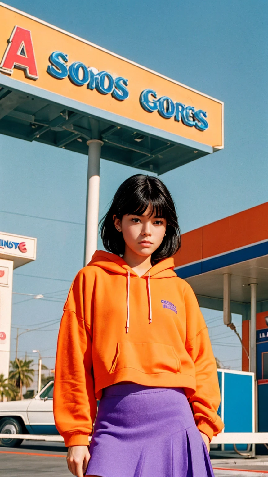 photo cinematic photograph long shot portraits by Wes Anderson, cute 23 yo girl ,fokus, bokeh ,wear ((orange color oversized_hoodie)), wear ((purple tennis skirt)),looking front,Best Quality,Masterpiece,Ultra High Resolution,(Realisticity:1.4),Original Photo, 1Girl, light leak,ultra high resolution,UHD,beautiful, (black bob hair), almond eye, no makeup, in front of ((80's los angles gas station)), (realistic:1.2), (surreal:1.3), (very detailed:1.1), ((masterpiece)),summer, blue sky, palm trees,sunny, los angles vibes,film camera, 800mm lens,style of Philip Lorca diCorcia