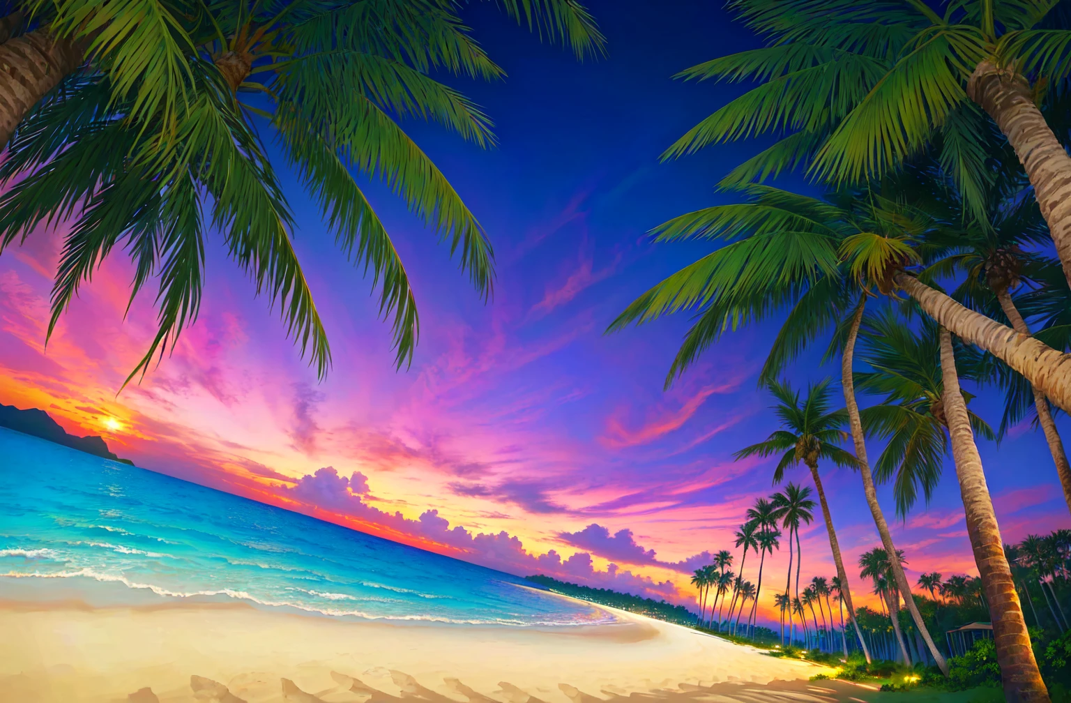 Palm trees and beach、Tropical Beach, an abstract tropical landscape, Tropical atmosphere, Beach Sunset, Background artwork, Sunset background