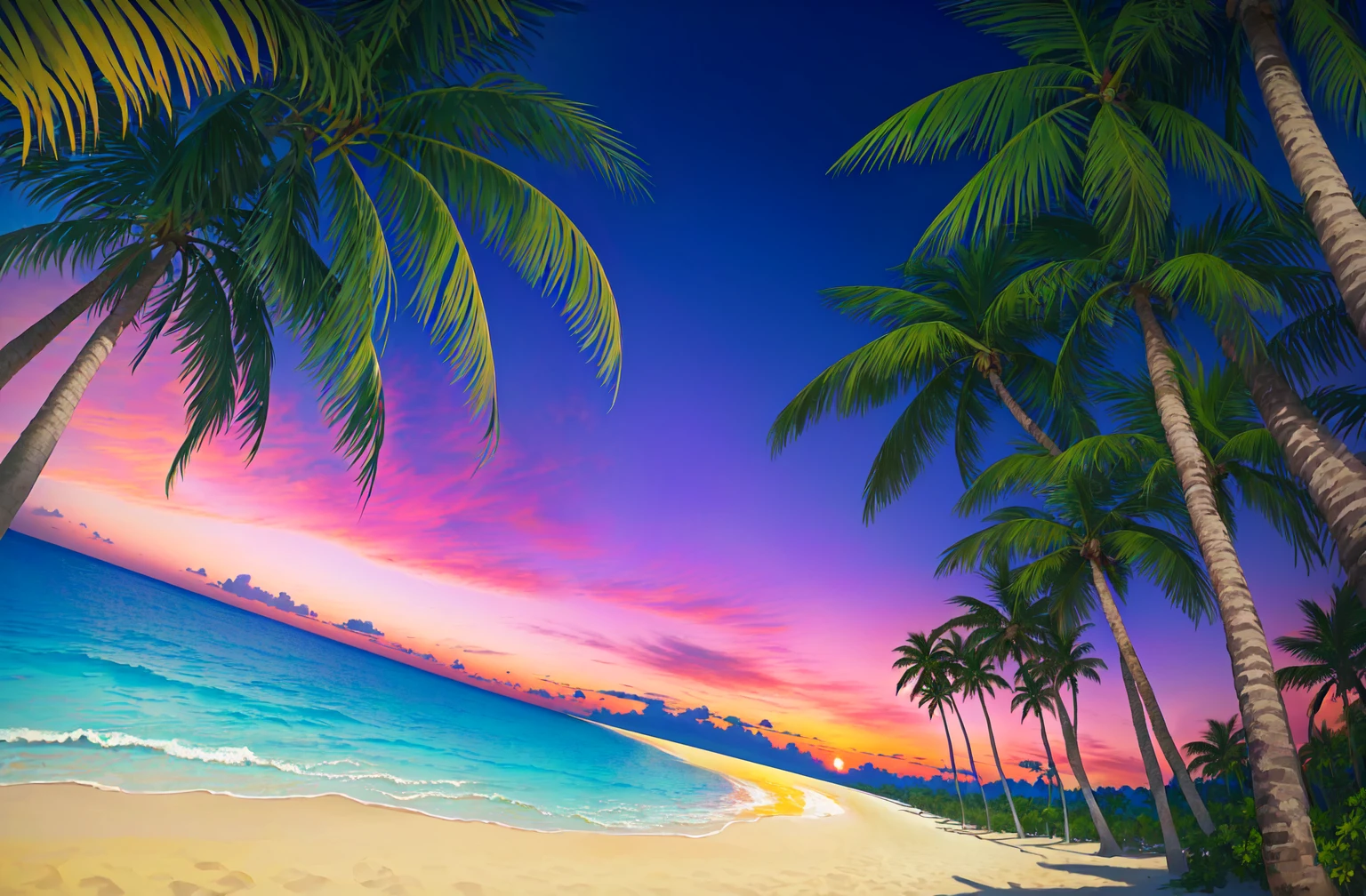Palm trees and beach、Tropical Beach, an abstract tropical landscape,  Tropical atmosphere, Beach Sunset, Background artwork, Sunset background