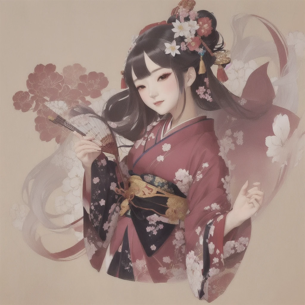 Anime Girls In kimono outfit holding a fan and a flower, In kimono, onmyoji portrait, palace ， Girl in Hanfu, Anime illustration, Anime-style illustrations, Japanese art style, onmyoji, In kimono, The Detailed Art of the Onmyoji, Beautiful artwork illustration, Gweiz-style artwork, (Anime Girls)