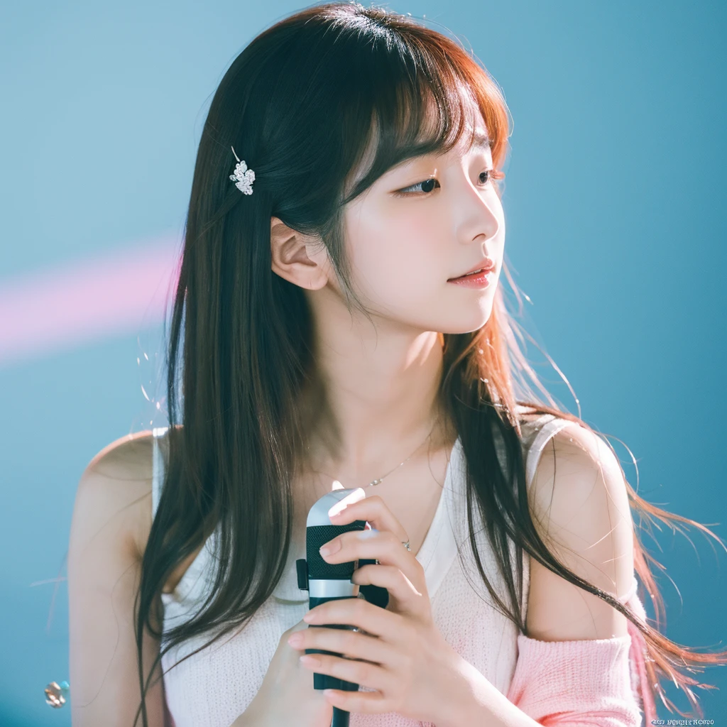 The Korean Ballads music channel logo is an image of a Korean girl holding a microphone and singing, evoking the romantic and profound feeling of ballads. The words "Korean Ballads" are written in a soft and flexible font, the word "Korean" is smaller and above the word "Ballads". Using light pink and light blue as the main tones, combined with white as the background, this logo will bring a gentle, delicate feeling. The design elements combine harmoniously, reflecting the true spirit and characteristics of Korean ballad music. Realistic images, clear details, warm and gentle color scheme.