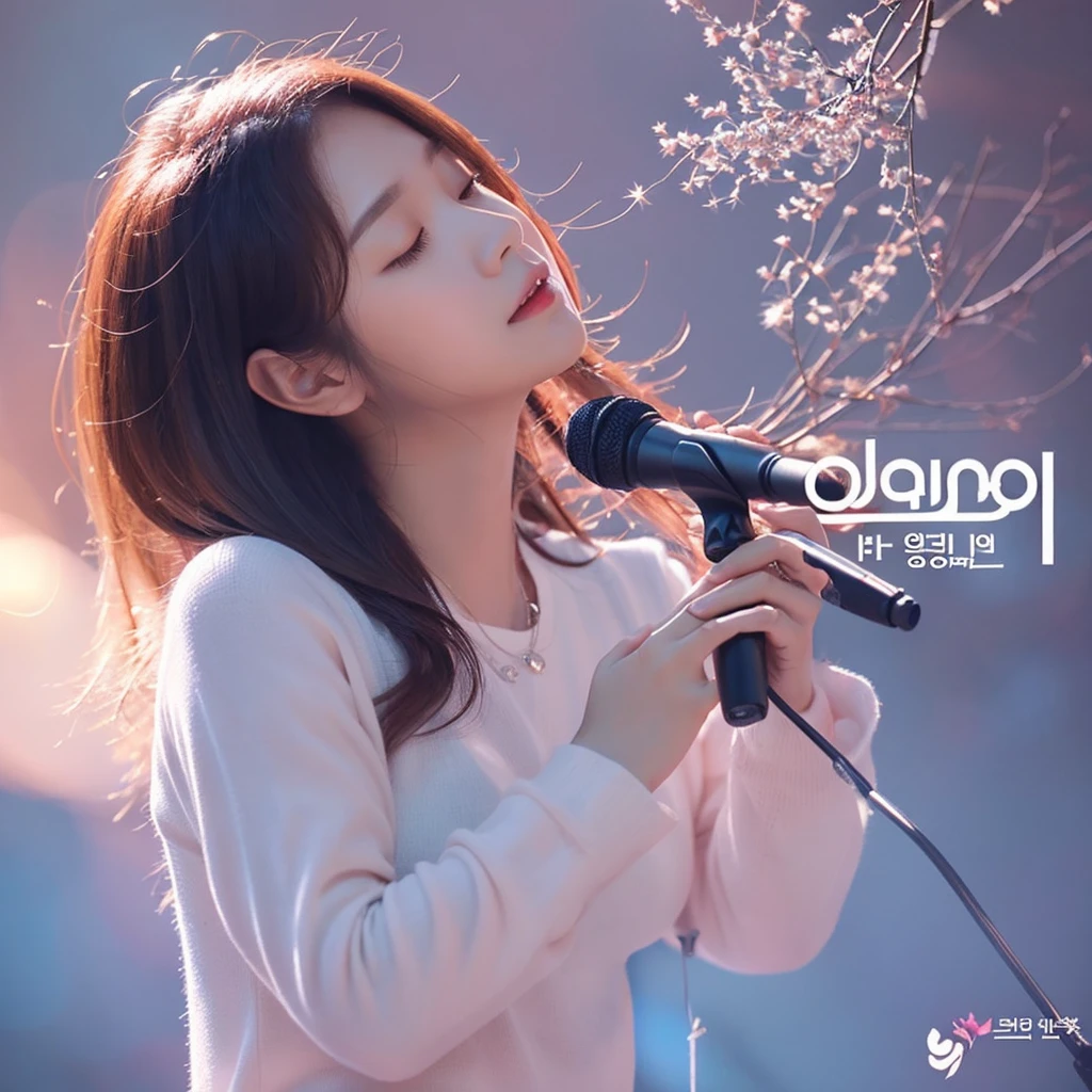 The Korean Ballads music channel logo is an image of a Korean girl holding a microphone and singing, evoking the romantic and profound feeling of ballads. The words "Korean Ballads" are written in a soft and flexible font, the word "Korean" is smaller and above the word "Ballads". Using light pink and light blue as the main tones, combined with white as the background, this logo will bring a gentle, delicate feeling. The design elements combine harmoniously, reflecting the true spirit and characteristics of Korean ballad music. Realistic images, clear details, warm and gentle color scheme.