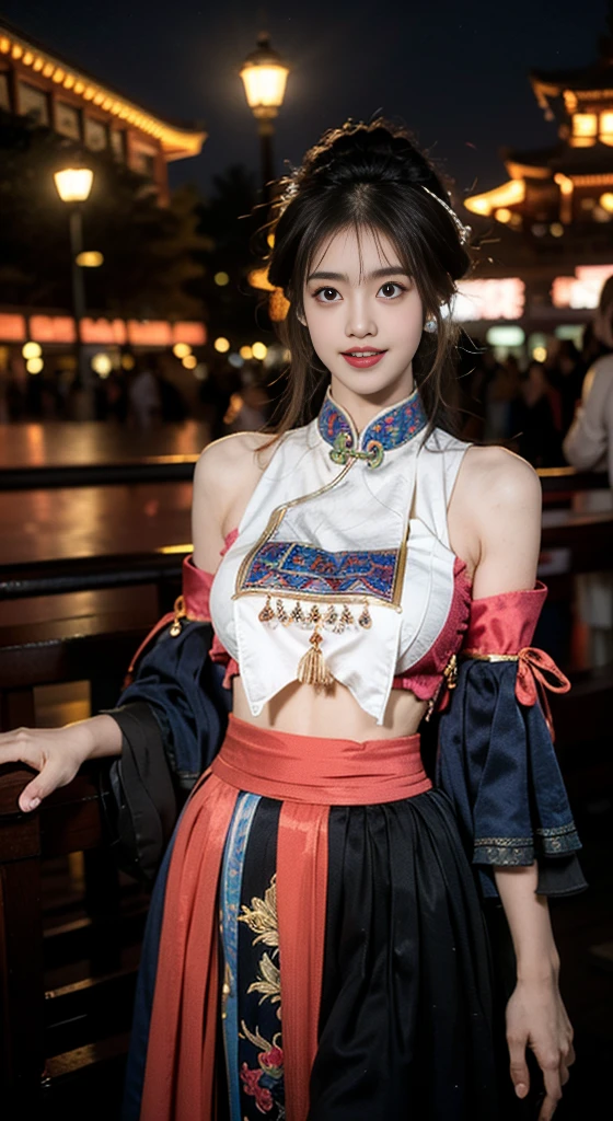 guqinghan,fhz,
hat,hair ornament,has tassel, chinese clothes, traditional clothes, bare shoulders,dress, detached sleeves, jewelry, print clothes, ((Bare shoulders)), ((Full breasts)), ((The skirt is short)), ((Sexy legs)), ((knee shot)), ((Standing, Elegant posture)), meishaonv, Cute Girl, Beauty, Practical, Fashion Girl, Red lips, Mature women, Exquisite makeup, big eyes, beautiful, (best quality, masterpiece:1.2), Extremely detailed, (Practical:1.37), ((Random Scenes, Random shooting angle)), ((Sexy long legs)), Young and energetic, Charming model, (Exquisite eyes, Delicate lips), Show a bright smile, Create stunning girl images, warm color, Extremely saturated colors, Official Art, Extremely detailed的 CG, Unity 8K wallpaper, (High Dynamic Range :1.4), (Movie atmosphere),(Soft colors), (Natural skin texture, ultra-Practical, Soft Light, sharp),(Very detailed), night, moonlight