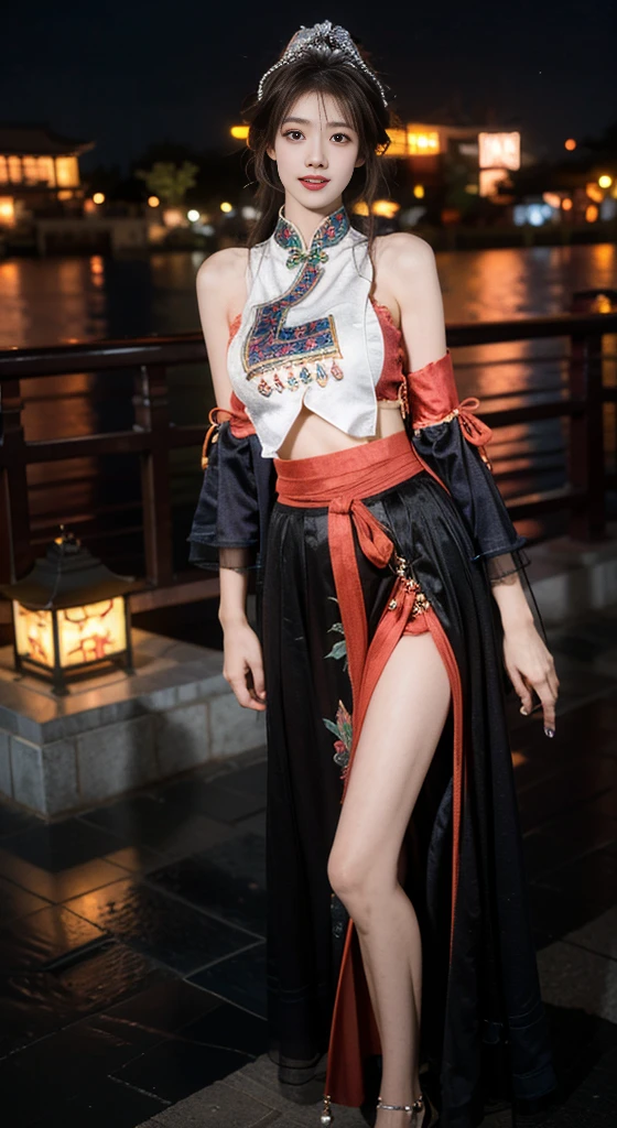 guqinghan,fhz,
hat,hair ornament,has tassel, chinese clothes, traditional clothes, bare shoulders,dress, detached sleeves, jewelry, print clothes, ((Bare shoulders)), ((Full breasts)), ((The skirt is short)), ((Sexy legs)), ((knee shot)), ((Standing, Elegant posture)), meishaonv, Cute Girl, Beauty, Practical, Fashion Girl, Red lips, Mature women, Exquisite makeup, big eyes, beautiful, (best quality, masterpiece:1.2), Extremely detailed, (Practical:1.37), ((Random Scenes, Random shooting angle)), ((Sexy long legs)), Young and energetic, Charming model, (Exquisite eyes, Delicate lips), Show a bright smile, Create stunning girl images, warm color, Extremely saturated colors, Official Art, Extremely detailed的 CG, Unity 8K wallpaper, (High Dynamic Range :1.4), (Movie atmosphere),(Soft colors), (Natural skin texture, ultra-Practical, Soft Light, sharp),(Very detailed), night, moonlight