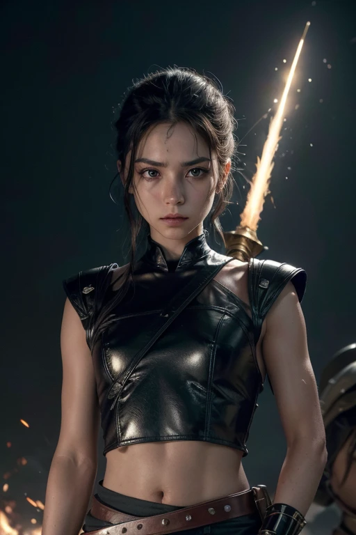 Aida:

's uniform: 's uniform da F.It is.p.It is. worn and torn, with blood stains (her and the humanoid lizards), cutoffs, sparks or smoke coming from damaged areas. Add Foliage to Indicate an Intense Battle.
characteristics: Bullish (1.95m), olhos verdes esmeralda, black hair up to the waist, serene and curious expression, subtle scar on left cheek, Caucasian skin.
missiles: It isspada feita de metal extraído de meteoritos, with shiny details and luminous veins.
postura: Facing the reader, in a ready position, with his sword raised and an expression of determination.